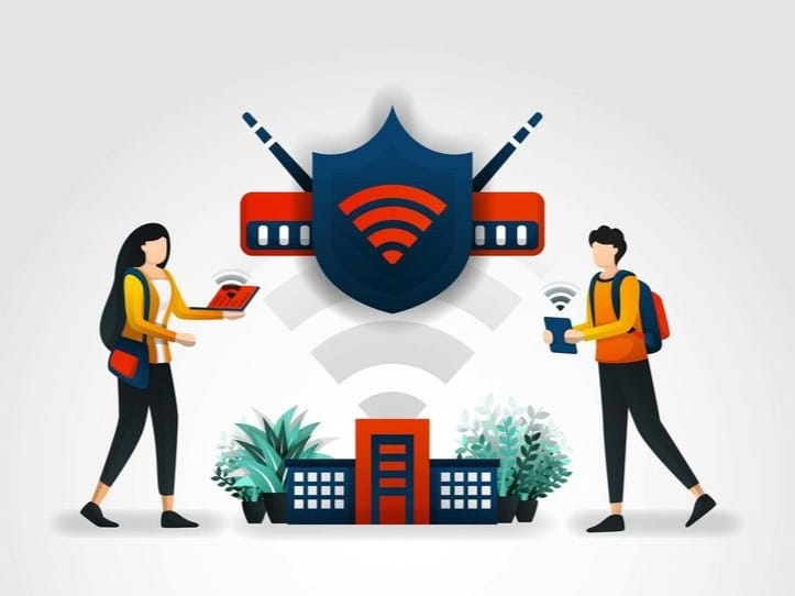 Ilustrasi gembok digital berlapis yang melindungi keamanan jaringan WiFi Ren-On dari peretas